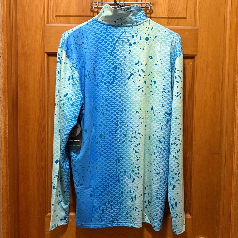 NWT Aquaflauge Men's Blue and Yellow Rash Guard Quarter Zip Fishing Shirt Small - Picture 2 of 6